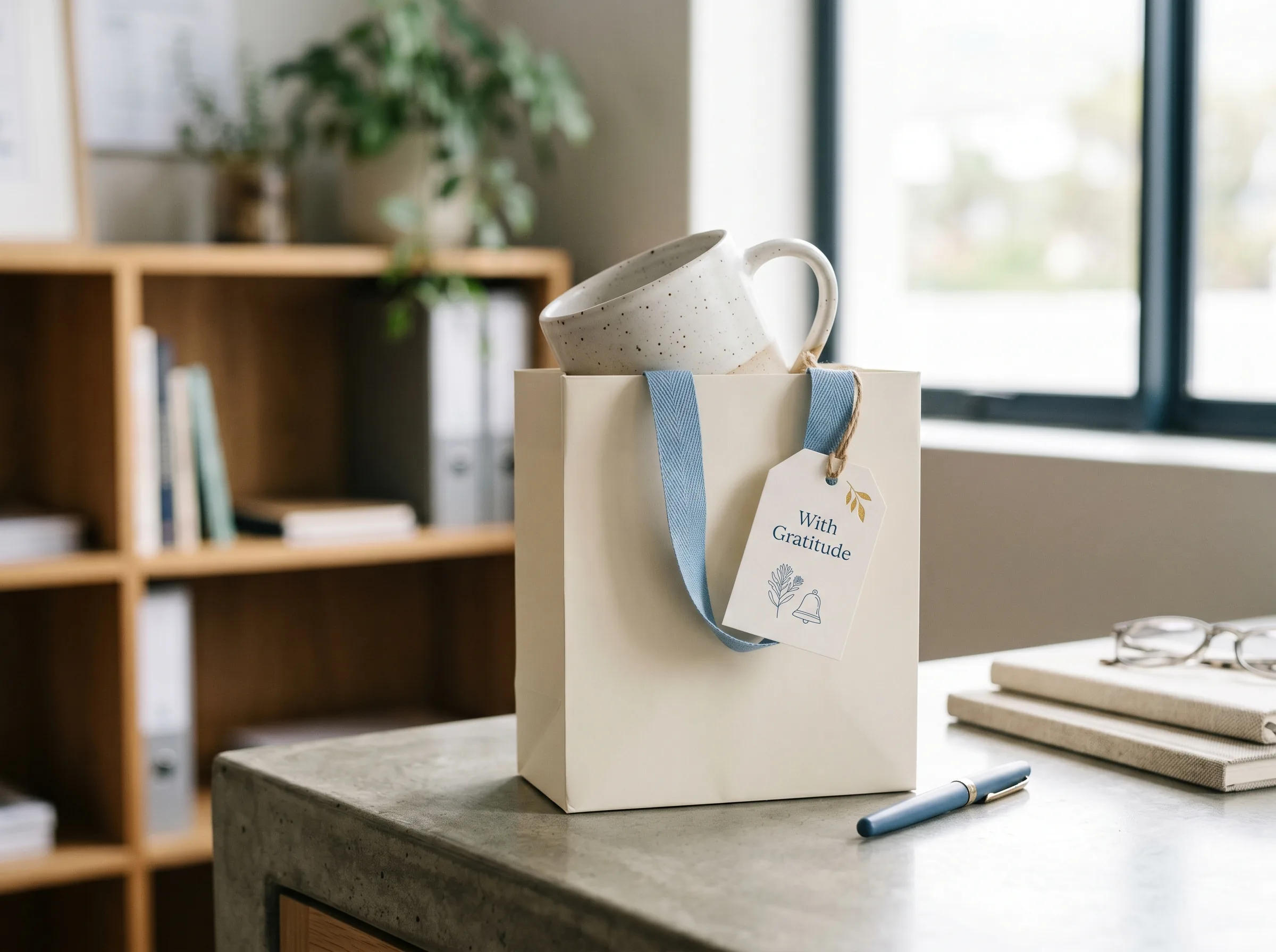 Bagged teacher mug gift with ribbon and packaging.