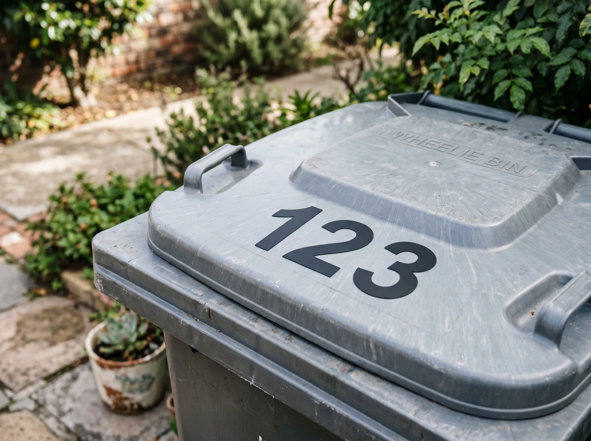Wheelie bin vinyl numbers applied outdoors.