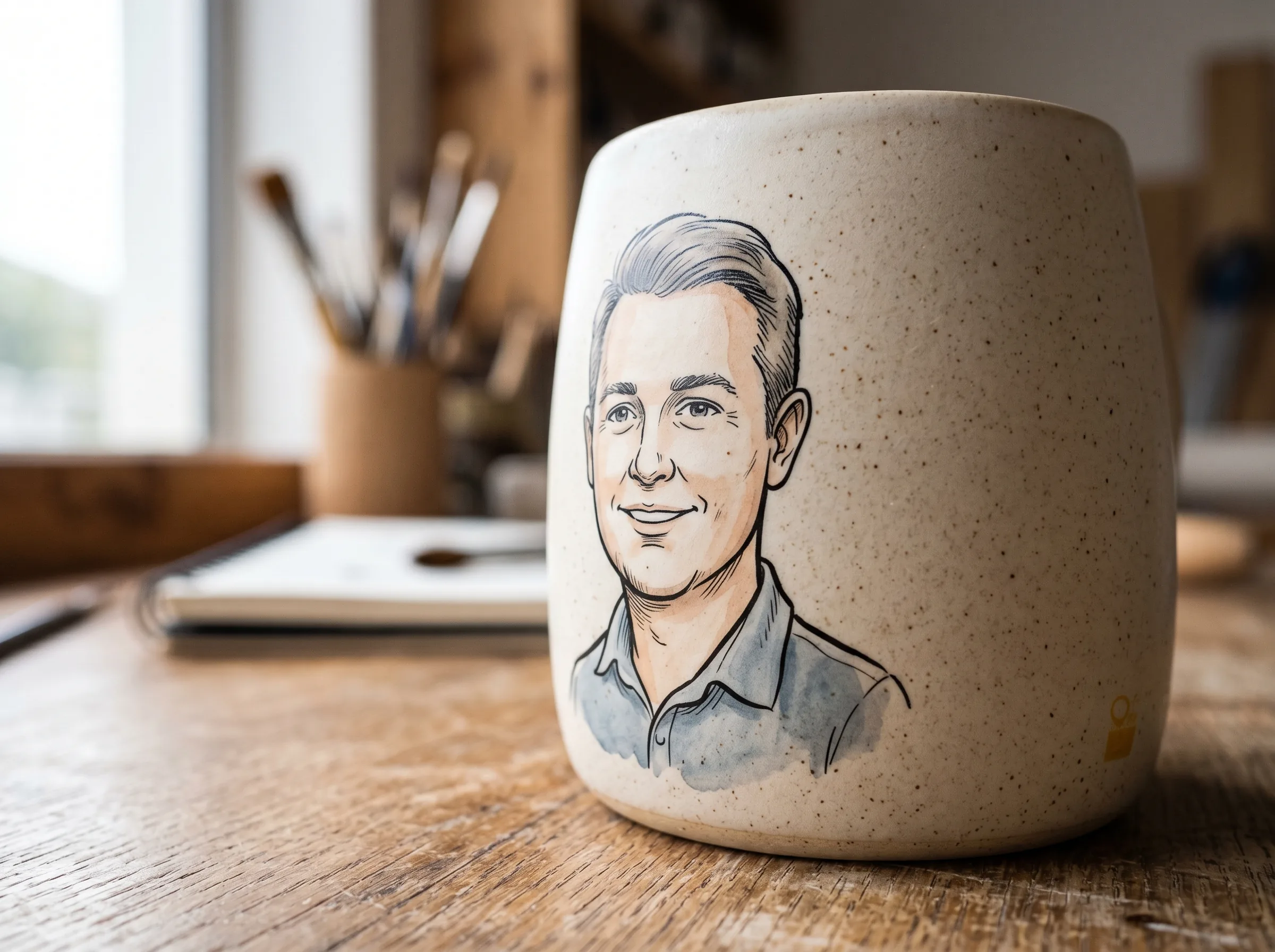 Close-up of a caricature mug.