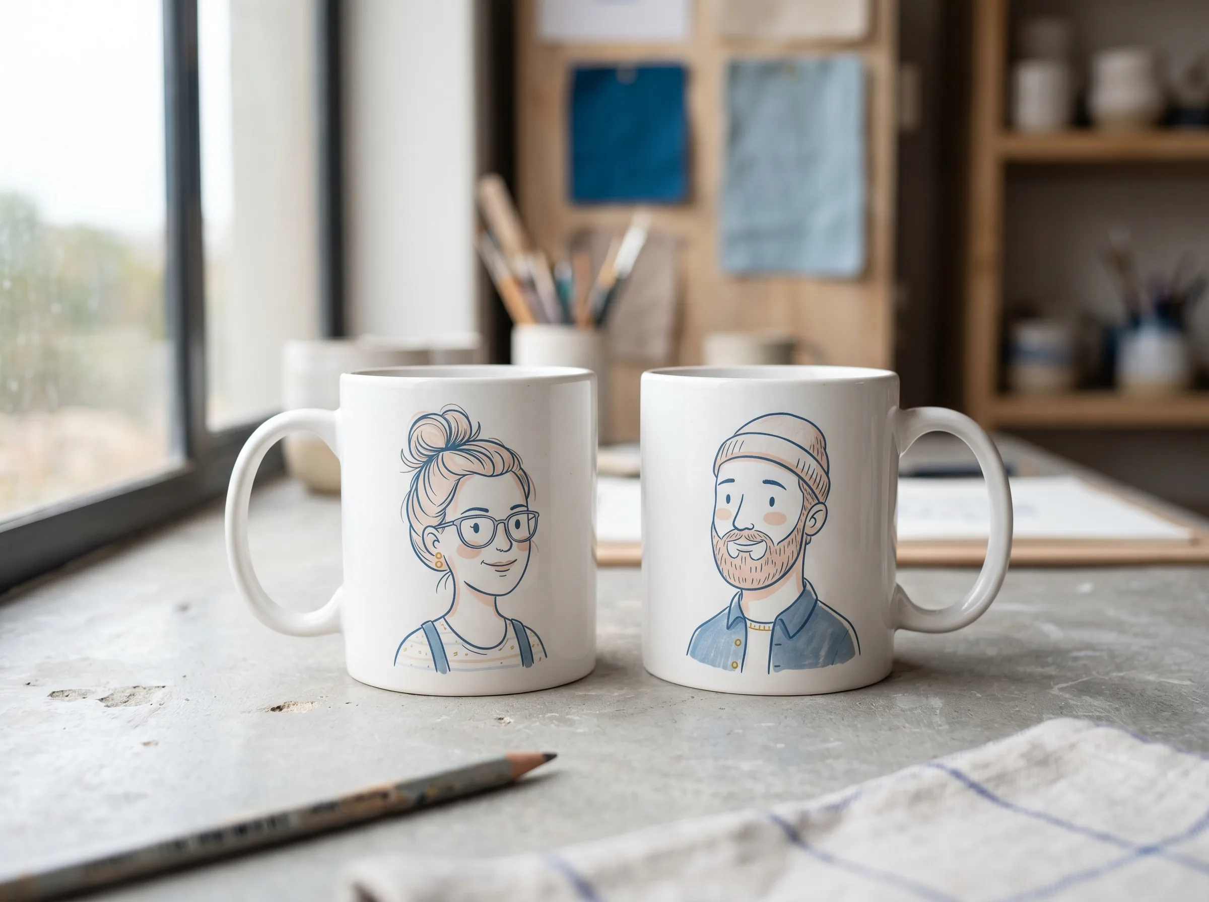 Caricature mug set with custom character artwork.