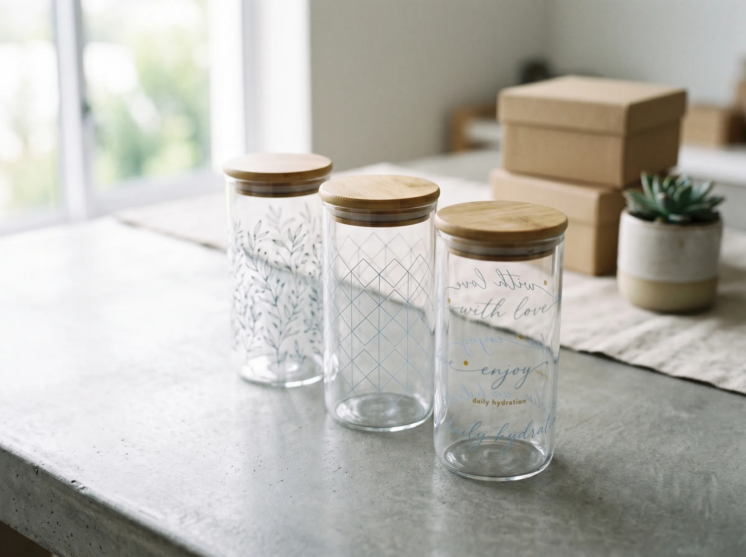 Three personalised glass tumblers with bamboo lids.