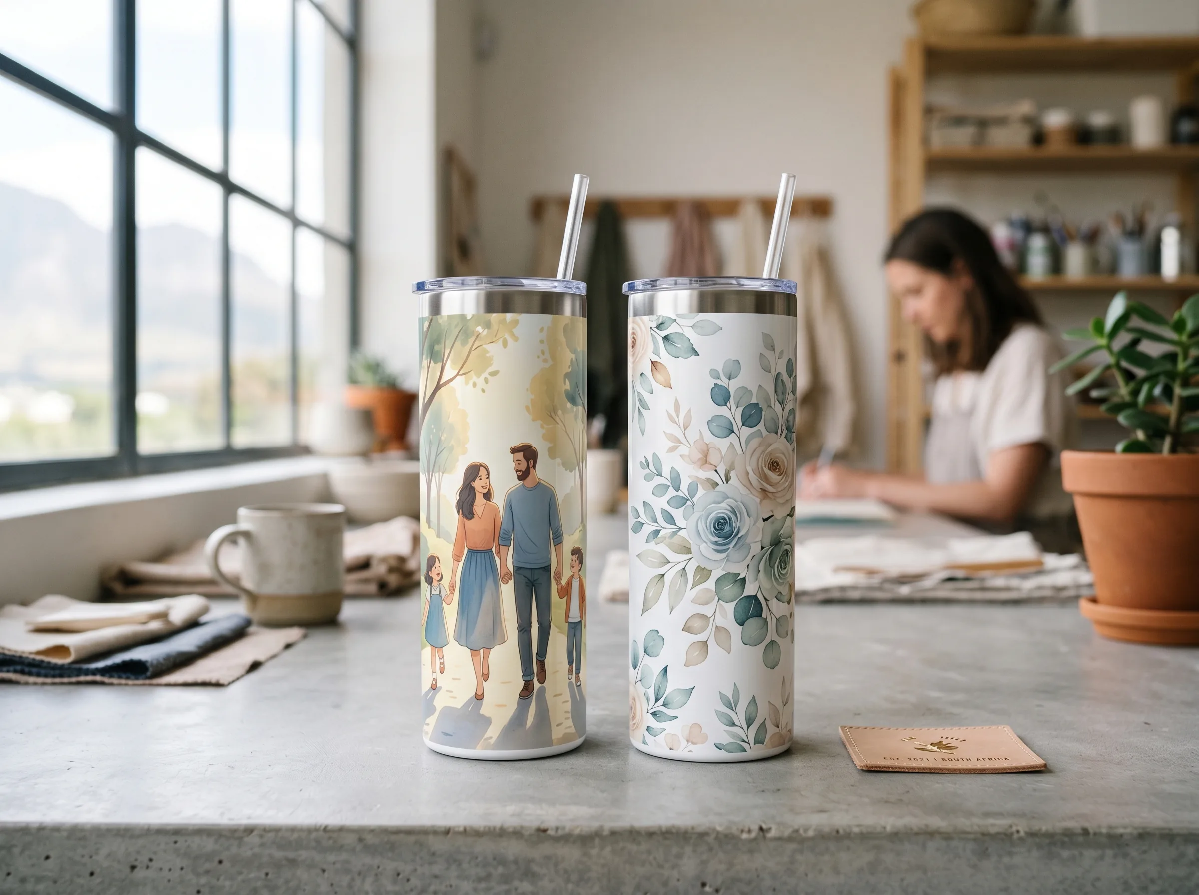 Custom photo tumblers with full wrap sublimation prints.