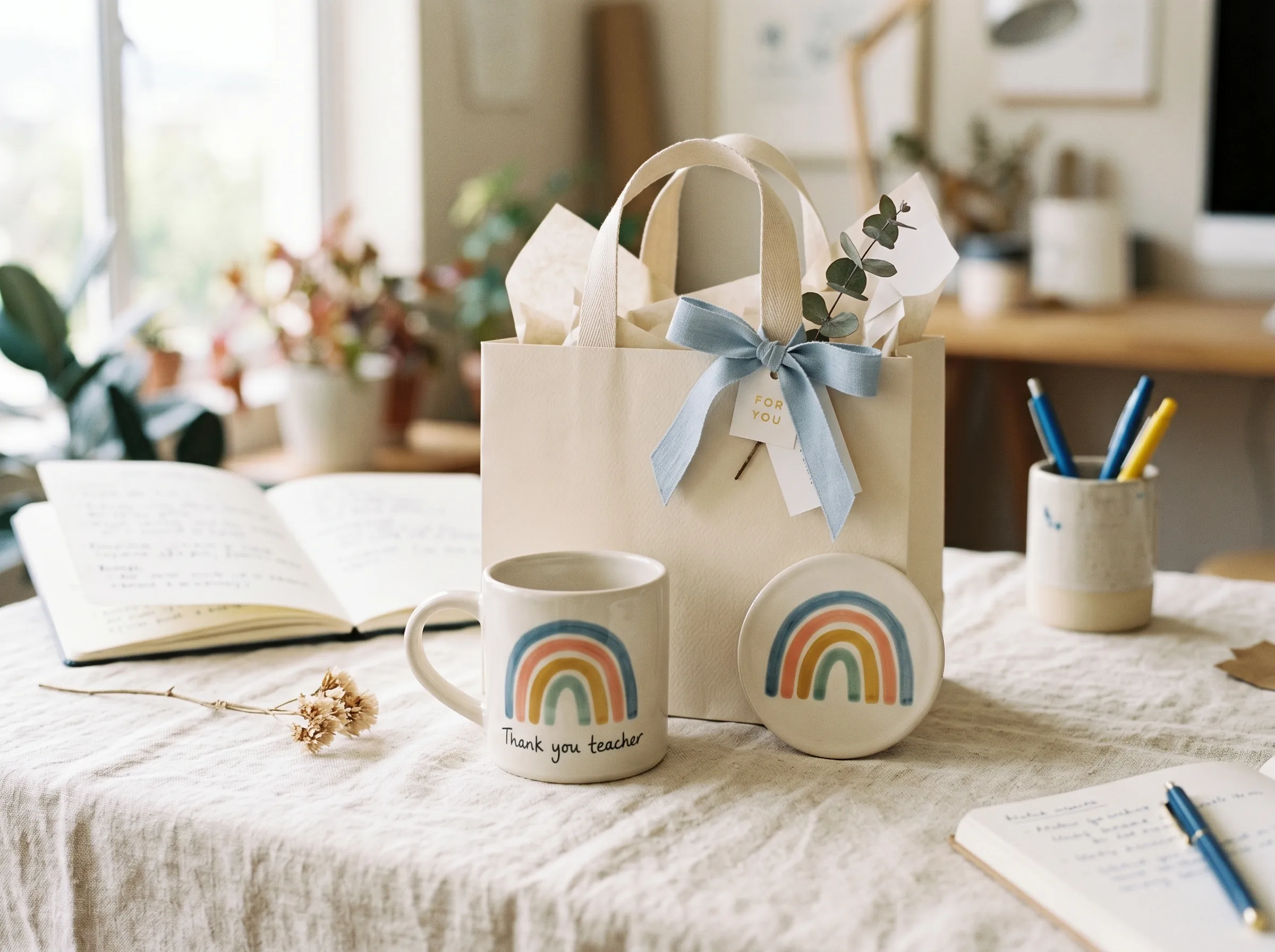 Teacher rainbow mug and coaster gift set.