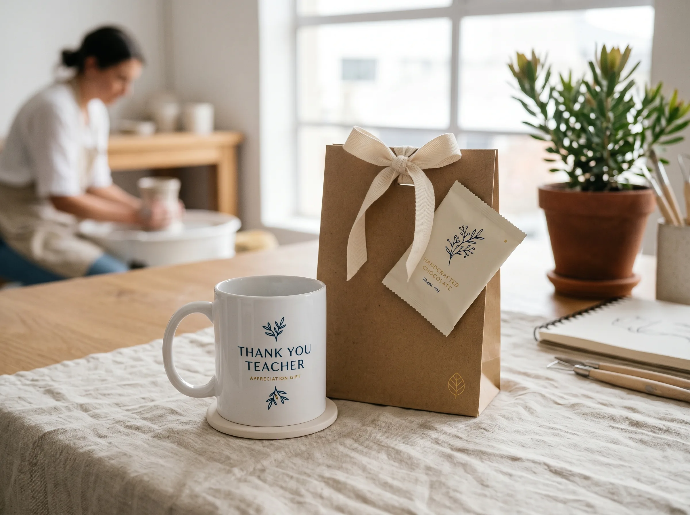 Teacher gift set with mug, coaster, and coffee sachet.