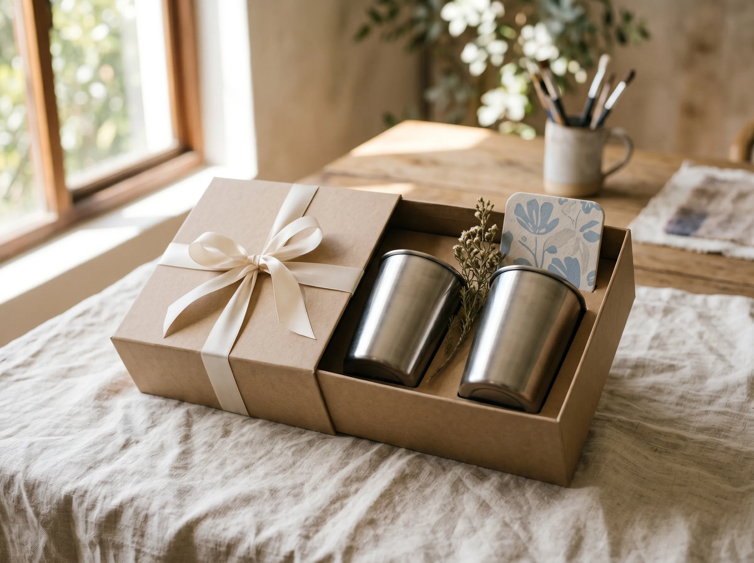 Wedding gift box with two tumblers and a matching coaster.