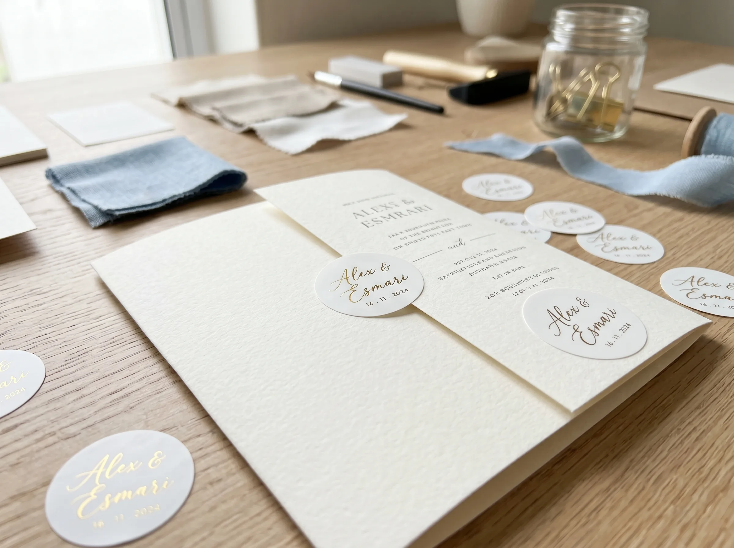 Wedding sticker seals with an Alex and Esmari design.