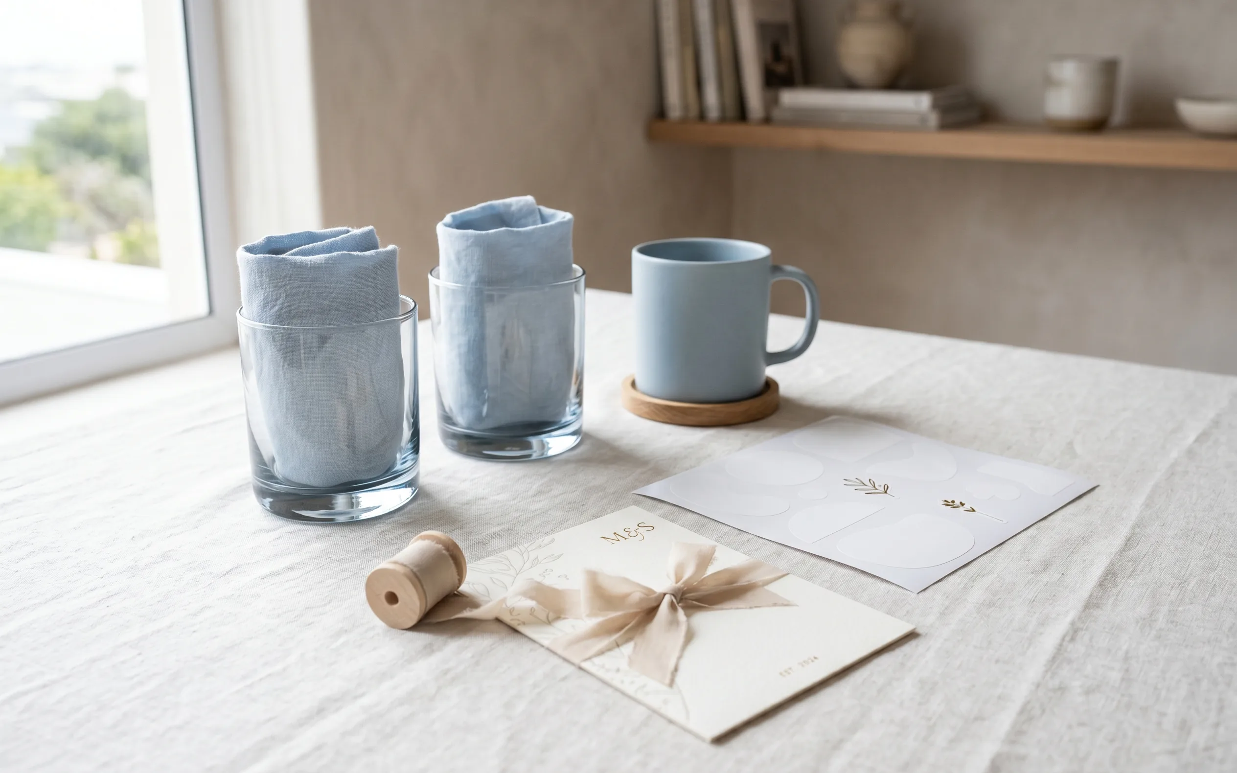Flat-lay montage of Sublify custom-printed products including drinkware, a desk mat, and gift packs arranged on a neutral studio surface.